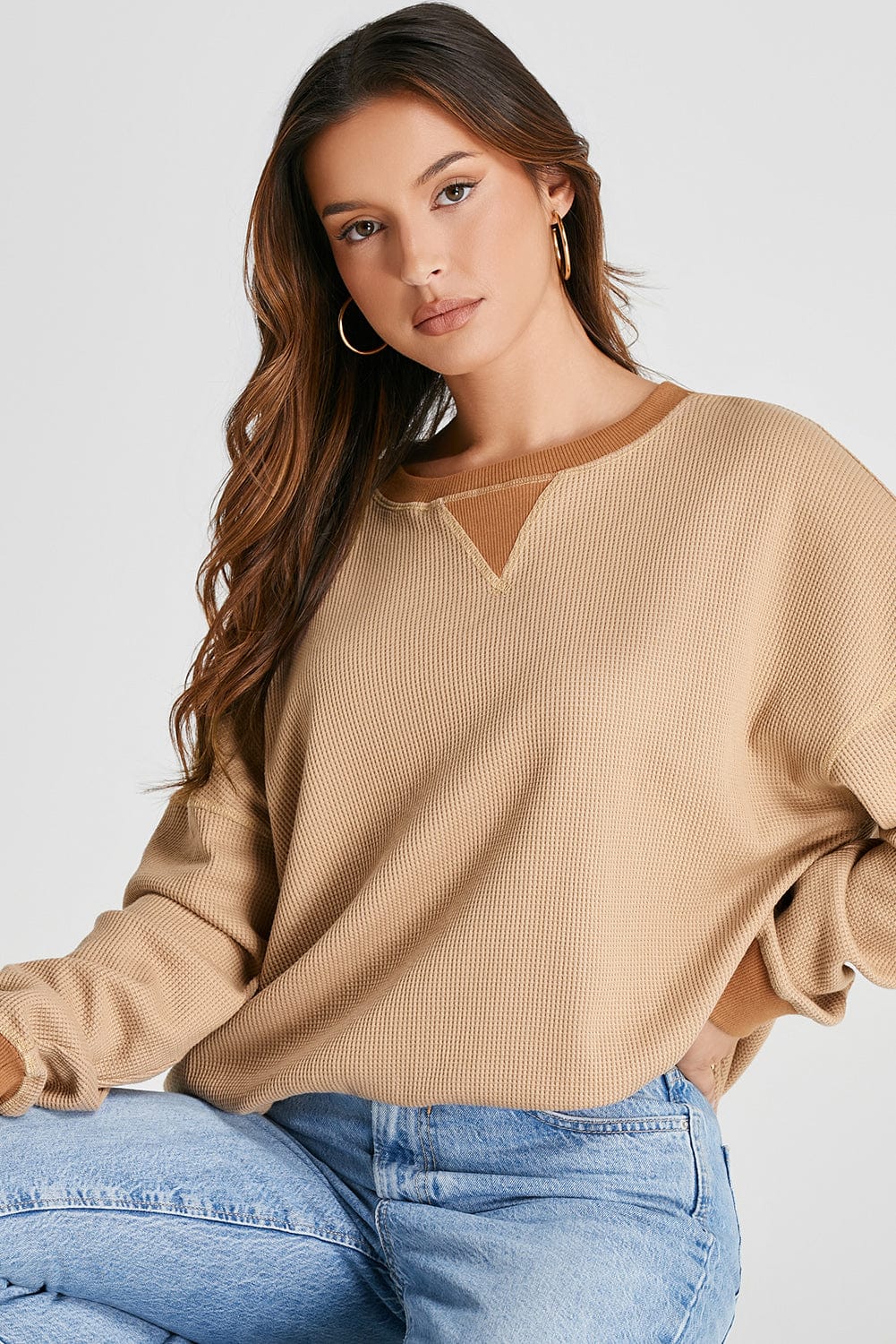Trendsi Fall Waffle-Knit Long Sleeve Sweatshirt Waffle-Knit Long Sleeve Sweatshirt
