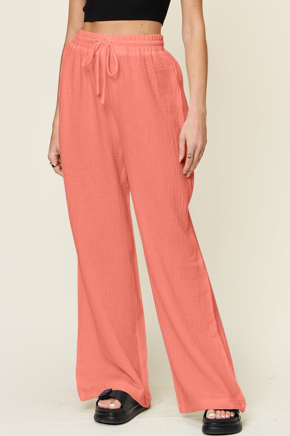 Trendsi Fall Watermelon pink / S Double Take Full Size Texture Drawstring Wide Leg Pants Double Take Full Size Texture Drawstring Wide Leg Pants