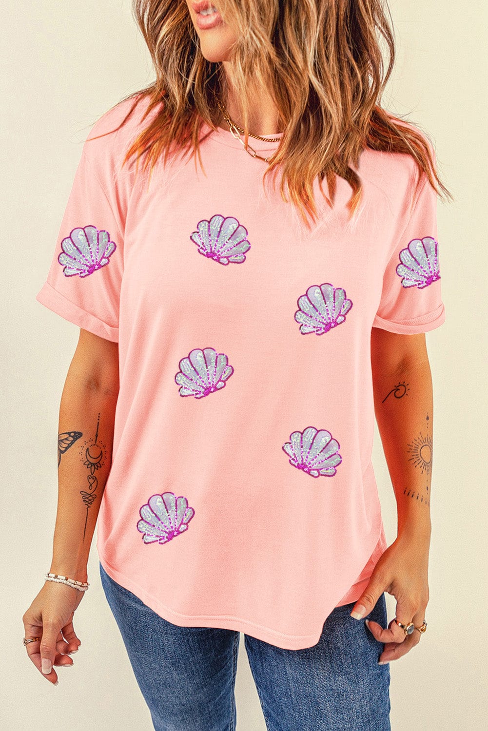 Trendsi Fall Watermelon pink / S Shell Round Neck Short Sleeve T-Shirt Shell Round Neck Short Sleeve T-Shirt