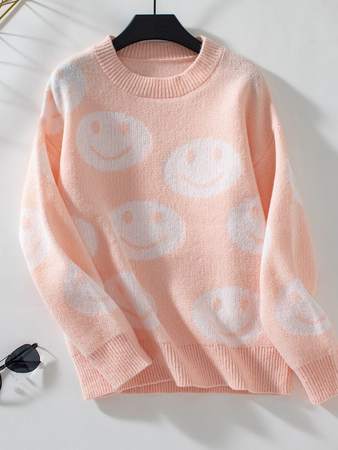 Trendsi Fall Watermelon pink / S Smile Pattern Round Neck Long Sleeve Sweater Smile Pattern Round Neck Long Sleeve Sweater