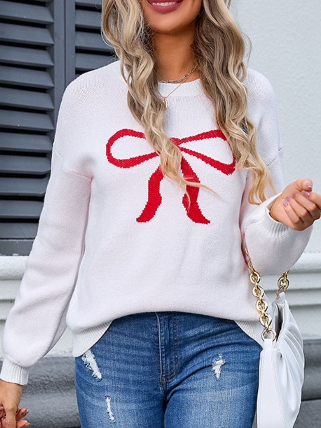 Trendsi Fall White / S Bow Graphic Round Neck Long Sleeve Sweater Bow Graphic Round Neck Long Sleeve Sweater