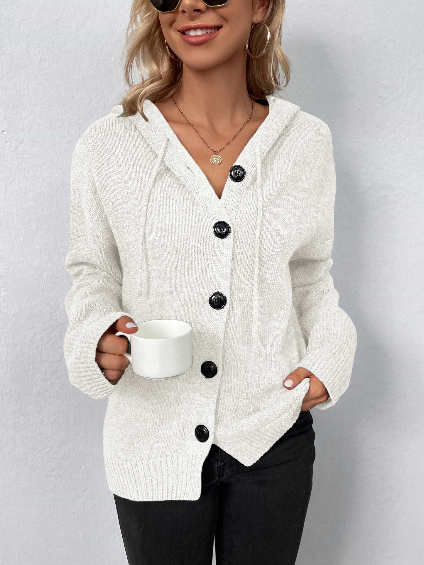 Trendsi Fall White / S Button-Down Long Sleeve Hooded Sweater Button-Down Long Sleeve Hooded Sweater