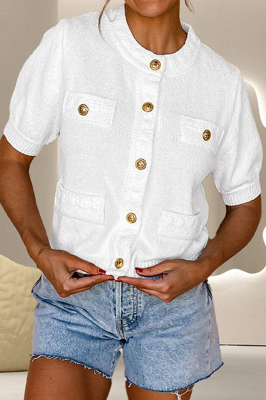 Trendsi Fall White / S Button Up Round Neck Short Sleeve Knit Top Button Up Round Neck Short Sleeve Knit Top