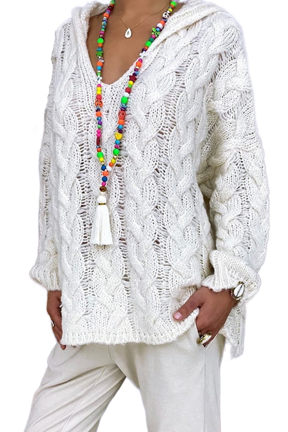 Trendsi Fall White / S Cable-Knit Hooded Sweater Cable-Knit Hooded Sweater