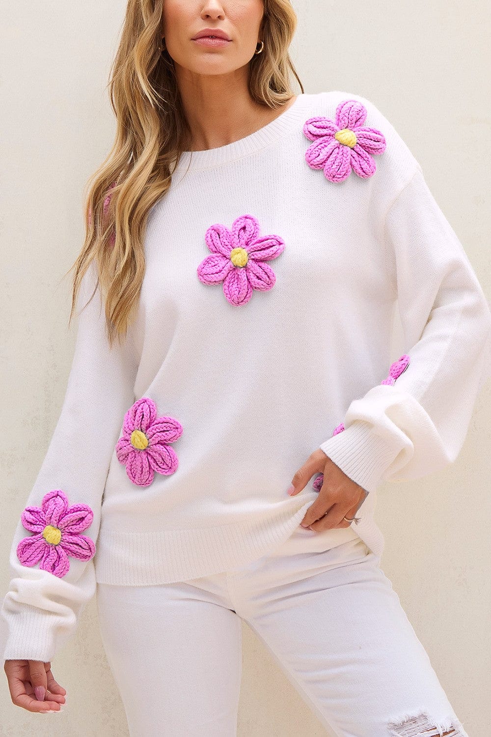 Trendsi Fall White / S Crochet Flower Round Neck Long Sleeve Sweater Crochet Flower Round Neck Long Sleeve Sweater