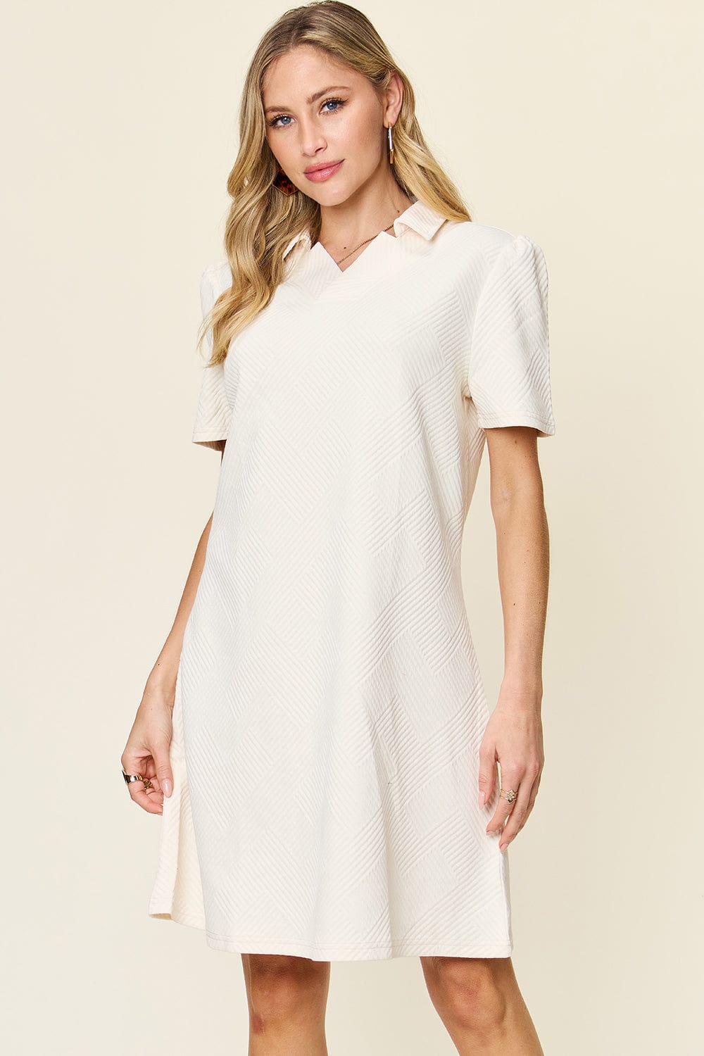 Trendsi Fall White / S Double Take Full Size Texture Collared Neck Short Sleeve Dress Double Take Full Size Texture Collared Neck Short Sleeve Dress