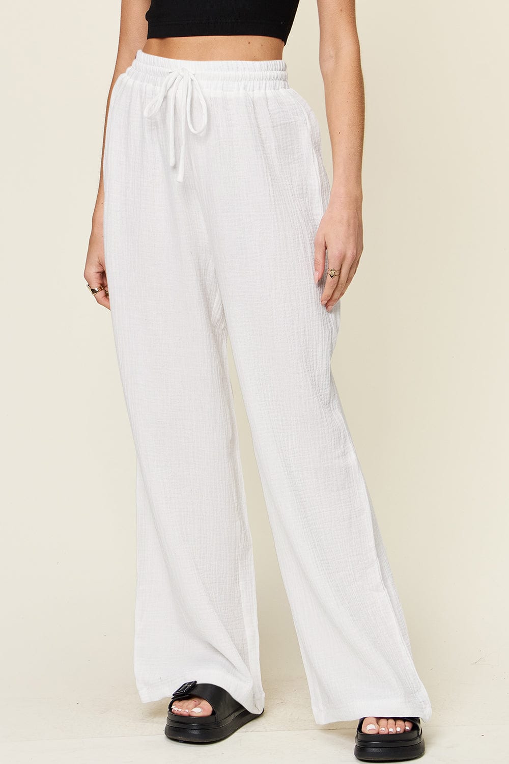 Trendsi Fall White / S Double Take Full Size Texture Drawstring Wide Leg Pants Double Take Full Size Texture Drawstring Wide Leg Pants