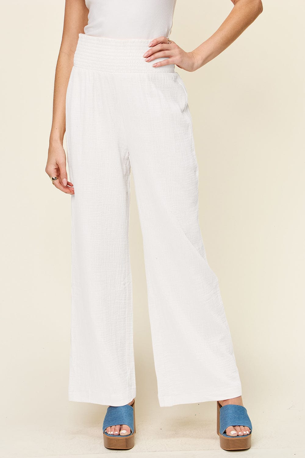 Trendsi Fall White / S Double Take Full Size Texture Smocked Waist Wide Leg Pants Double Take Full Size Texture Smocked Waist Wide Leg Pants