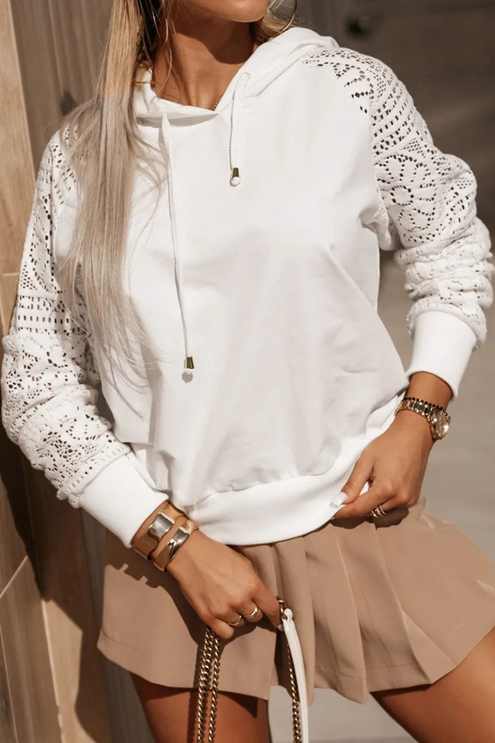 Trendsi Fall White / S Drawstring Openwork Long Sleeve Hoodie Drawstring Openwork Long Sleeve Hoodie