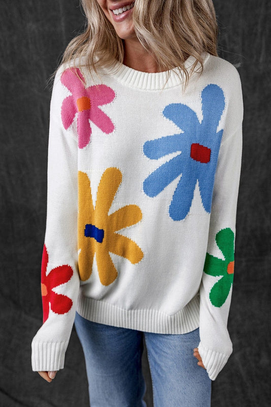 Trendsi Fall White / S Flower Round Neck Dropped Shoulder Sweater Flower Round Neck Dropped Shoulder Sweater