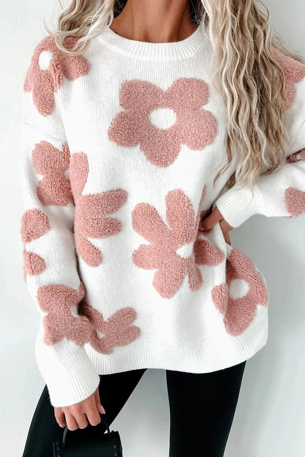 Trendsi Fall White / S Flower Round Neck Long Sleeve Knit Top Flower Round Neck Long Sleeve Knit Top