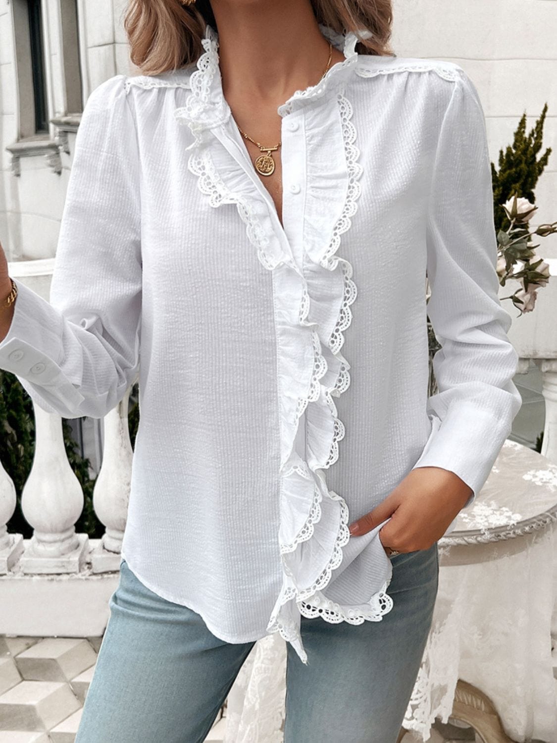 Trendsi Fall White / S Lace Detail Ruffled Round Neck Long Sleeve Shirt Lace Detail Ruffled Round Neck Long Sleeve Shirt
