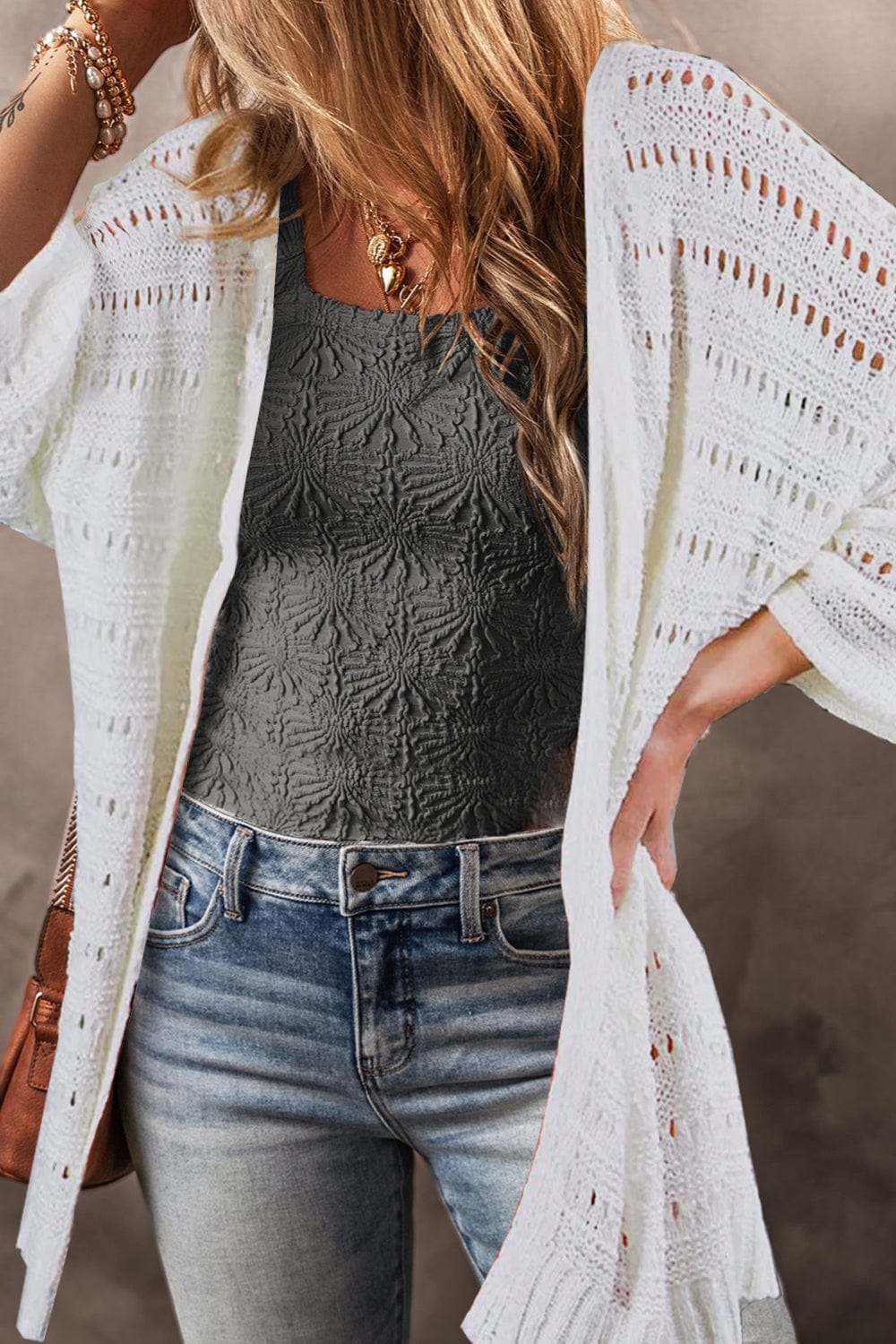 Trendsi Fall White / S Openwork Open Front Long Sleeve Cardigan Openwork Open Front Long Sleeve Cardigan