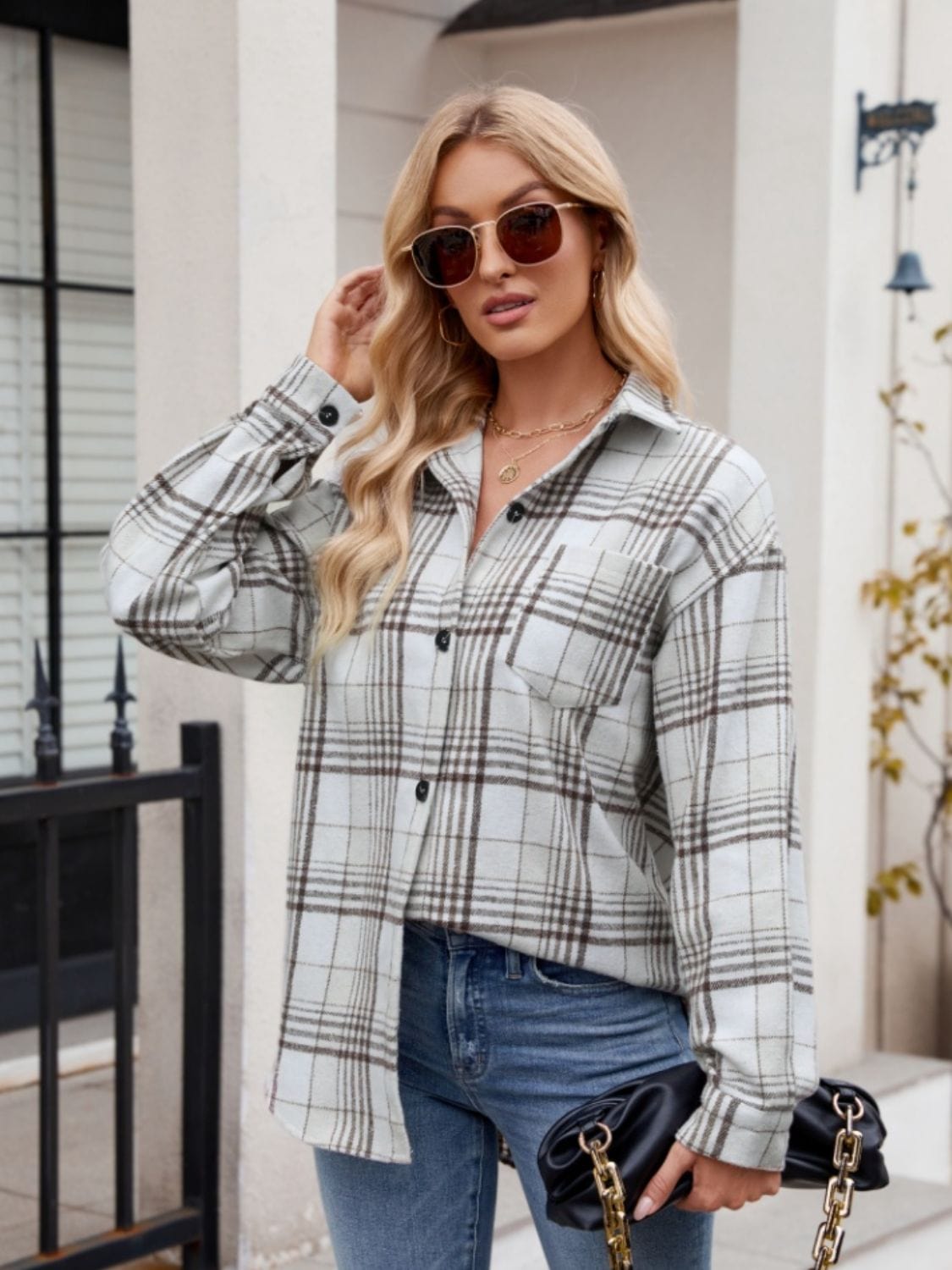Trendsi Fall White / S Pocketed Plaid Collared Neck Long Sleeve Shirt Pocketed Plaid Collared Neck Long Sleeve Shirt
