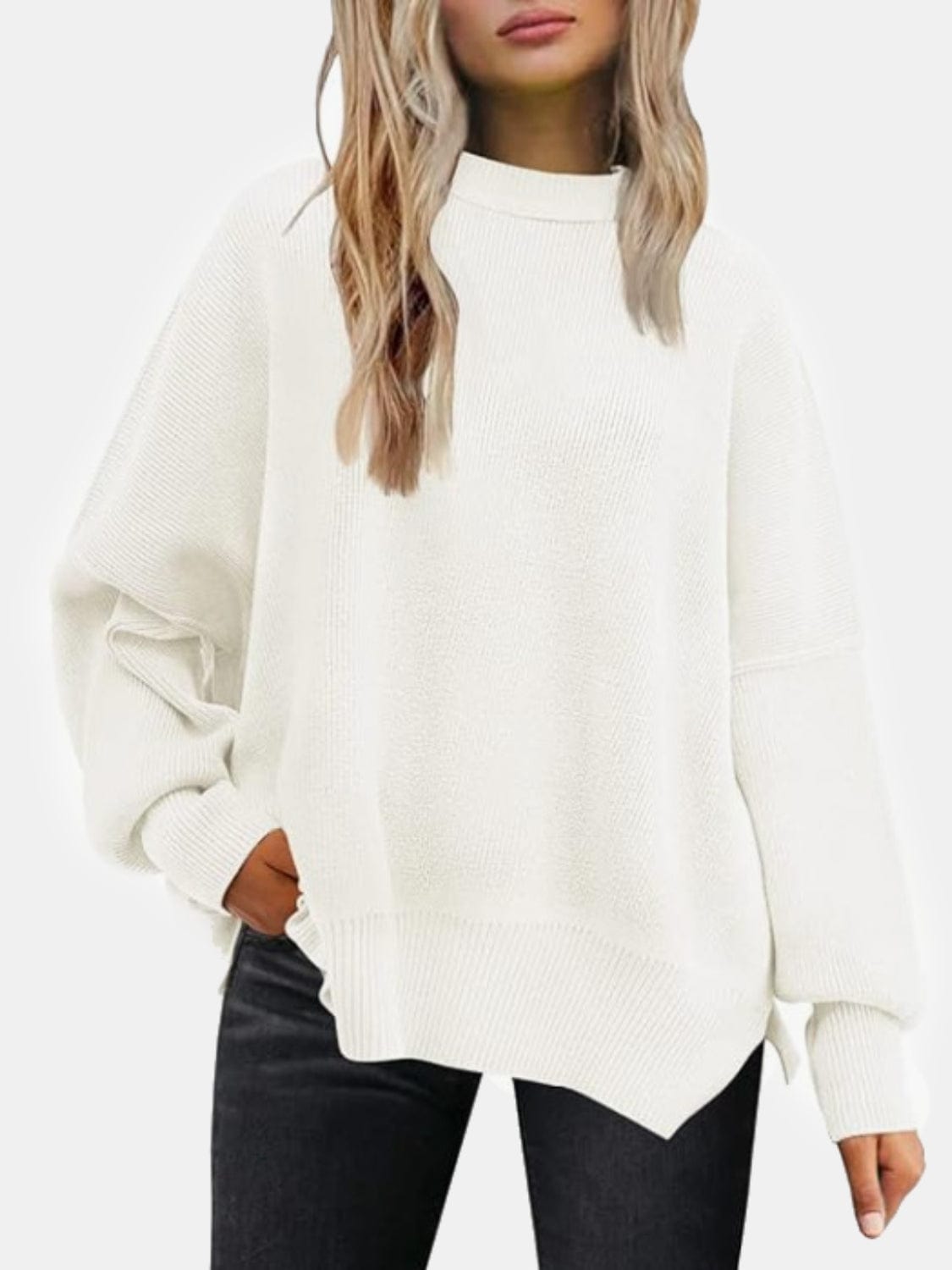 Trendsi Fall White / S Round Neck Drop Shoulder Slit Sweater Round Neck Drop Shoulder Slit Sweater