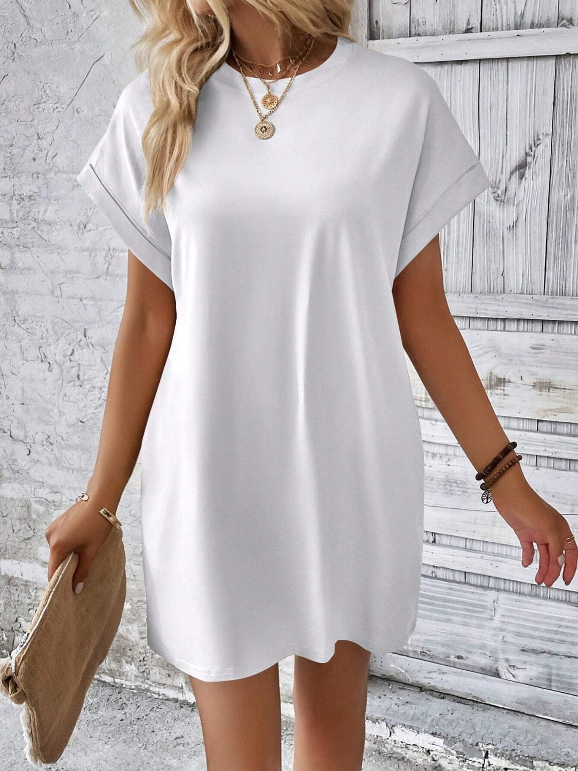 Trendsi Fall White / S Round Neck Short Sleeve Mini Dress Round Neck Short Sleeve Mini Dress