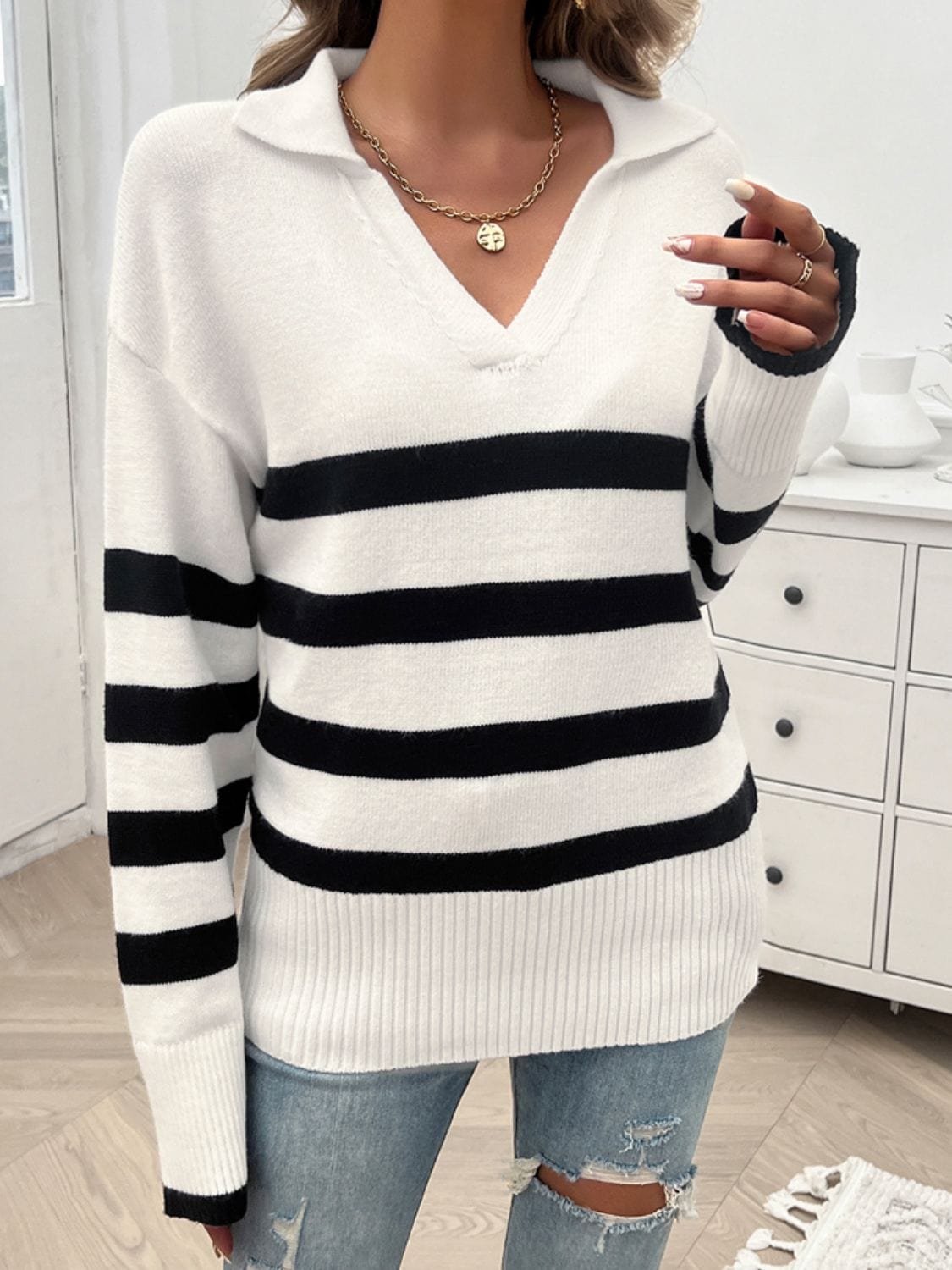 Trendsi Fall White / S Striped Collared Neck Long Sleeve Sweater Striped Collared Neck Long Sleeve Sweater