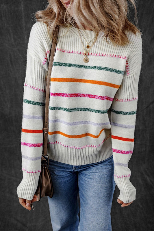 Trendsi Fall White / S Striped Round Neck Dropped Shoulder Sweater Striped Round Neck Dropped Shoulder Sweater