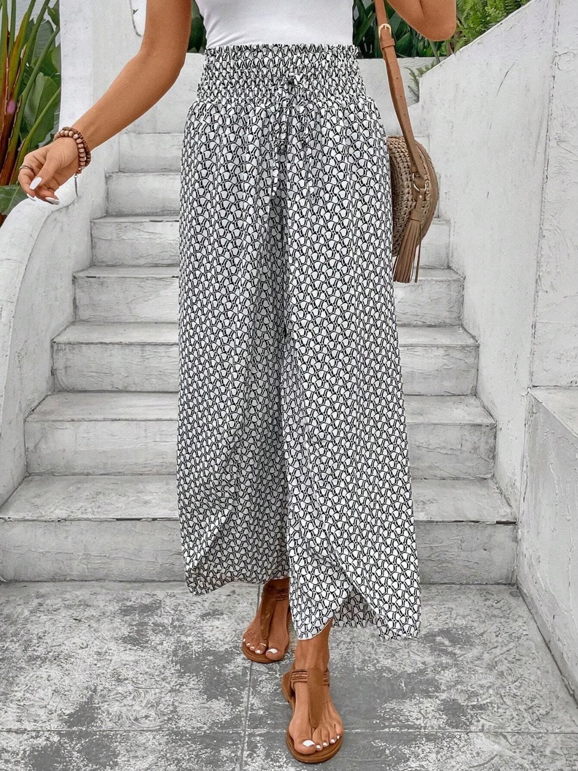 Trendsi Fall White / S Tied Printed Wide Leg Pants Tied Printed Wide Leg Pants