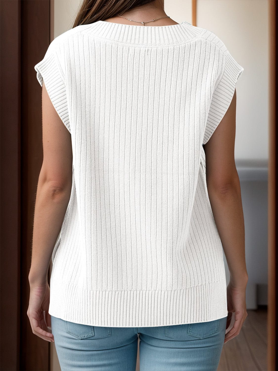 Trendsi Fall White / S V-Neck Cap Sleeve Knit Vest V-Neck Cap Sleeve Knit Vest