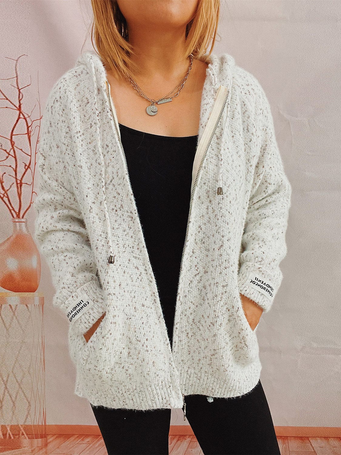 Trendsi Fall White / S Zip Up Drawstring Long Sleeve Hooded Sweater Zip Up Drawstring Long Sleeve Hooded Sweater