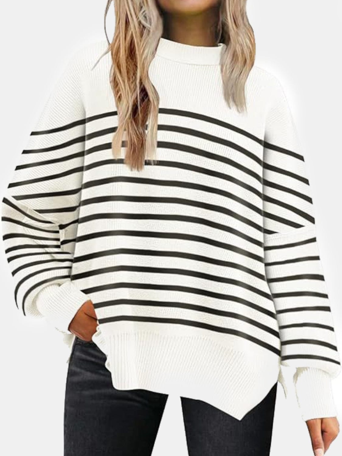 Trendsi Fall white stripes / S Round Neck Drop Shoulder Slit Sweater Round Neck Drop Shoulder Slit Sweater