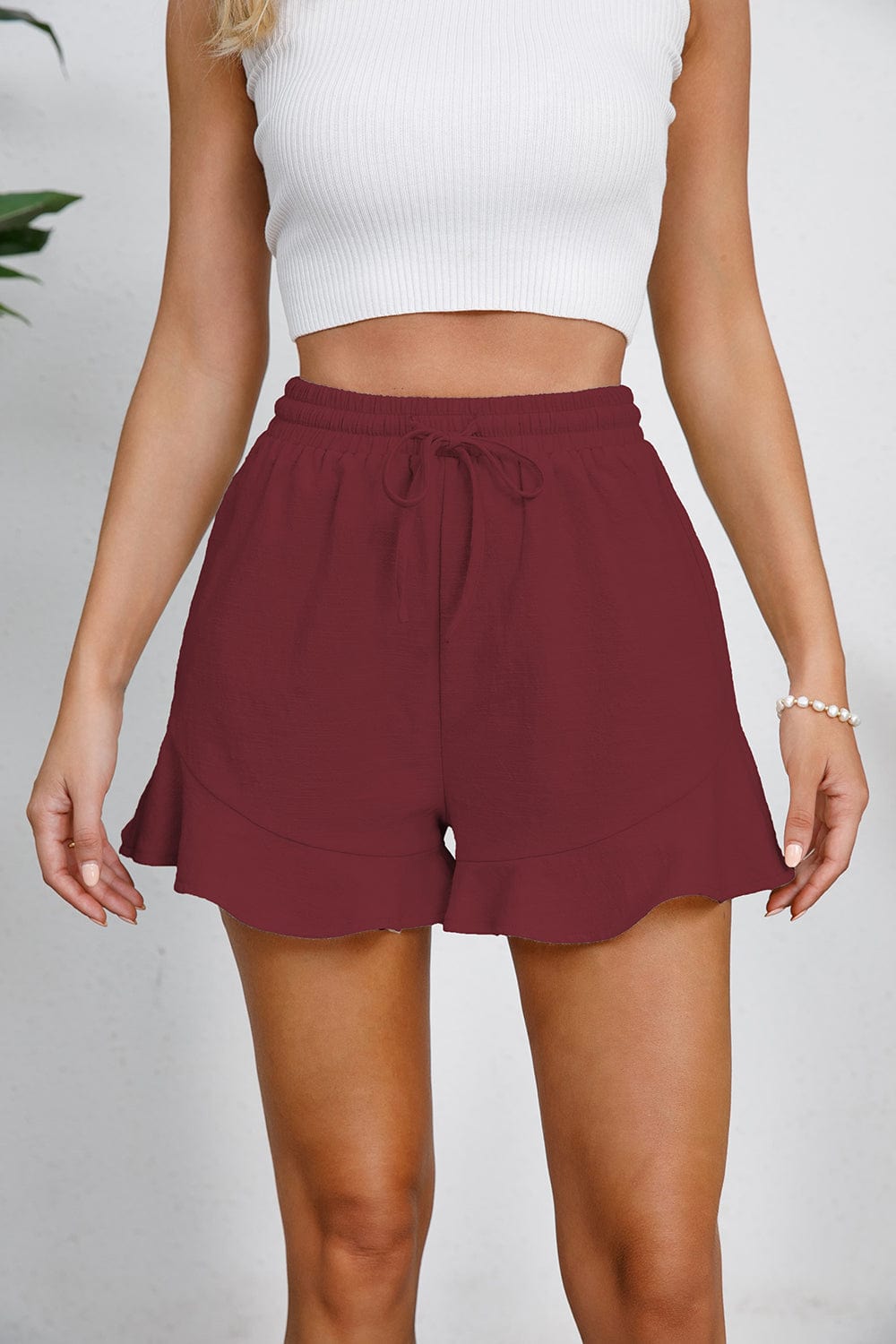 Trendsi Fall Wine / S Full Size Drawstring Ruffle Hem Shorts Full Size Drawstring Ruffle Hem Shorts