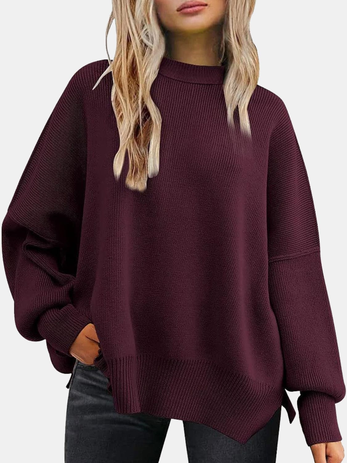 Trendsi Fall Wine / S Round Neck Drop Shoulder Slit Sweater Round Neck Drop Shoulder Slit Sweater