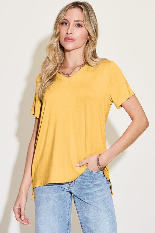 Trendsi Fall Yellow / S Basic Bae Bamboo Full Size V-Neck High-Low T-Shirt Basic Bae Bamboo Full Size V-Neck High-Low T-Shirt