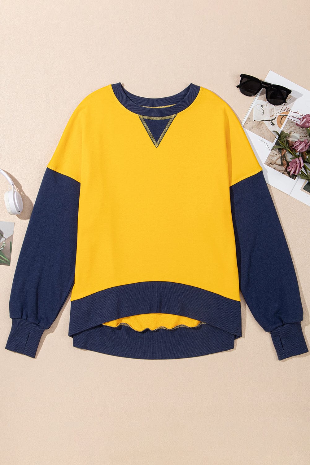 Trendsi Fall Yellow / S Contrast Round Neck Long Sleeve Sweatshirt Contrast Round Neck Long Sleeve Sweatshirt