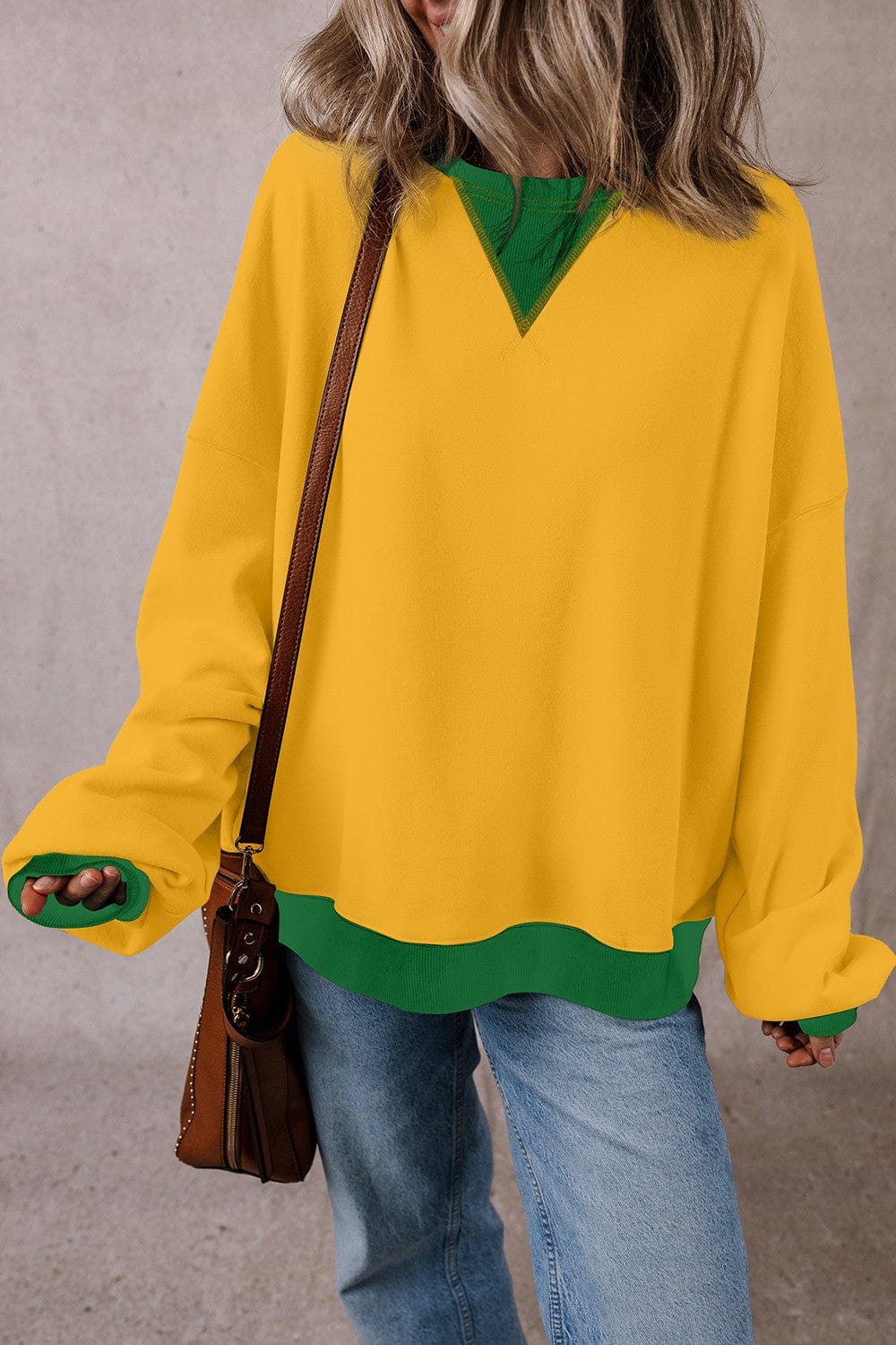 Trendsi Fall Yellow / S Contrast Round Neck Long Sleeve Sweatshirt Contrast Round Neck Long Sleeve Sweatshirt