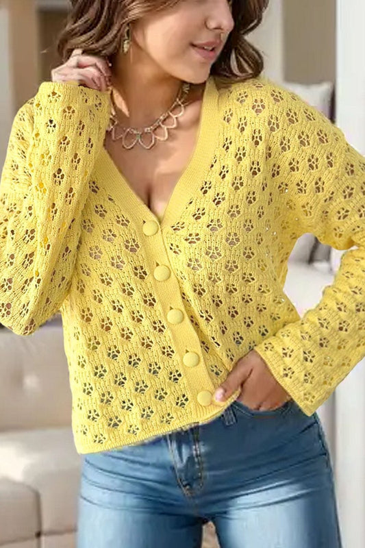 Trendsi Fall Yellow / S Openwork V-Neck Long Sleeve Cardigan Openwork V-Neck Long Sleeve Cardigan
