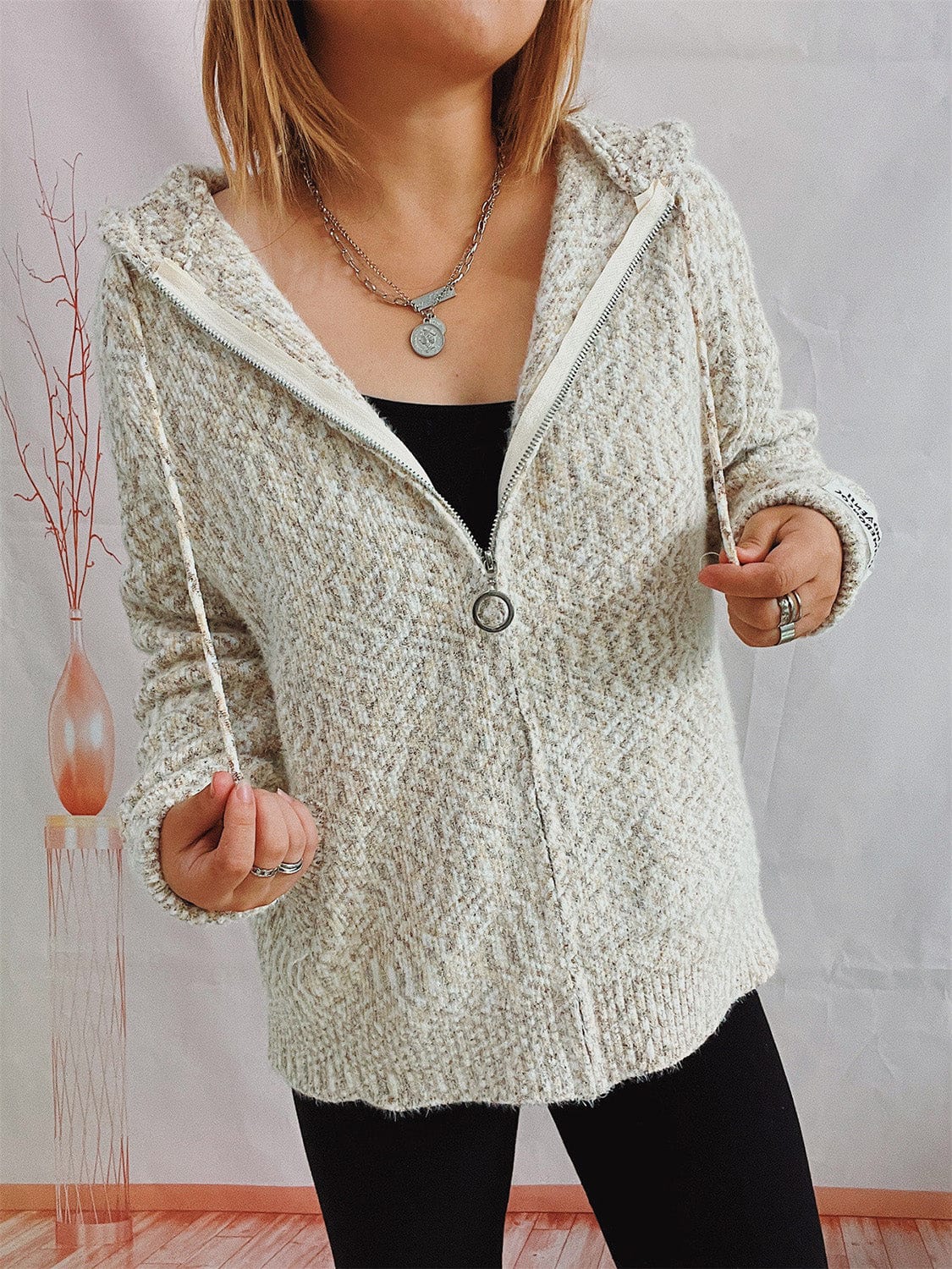 Trendsi Fall Zip Up Drawstring Long Sleeve Hooded Sweater Zip Up Drawstring Long Sleeve Hooded Sweater