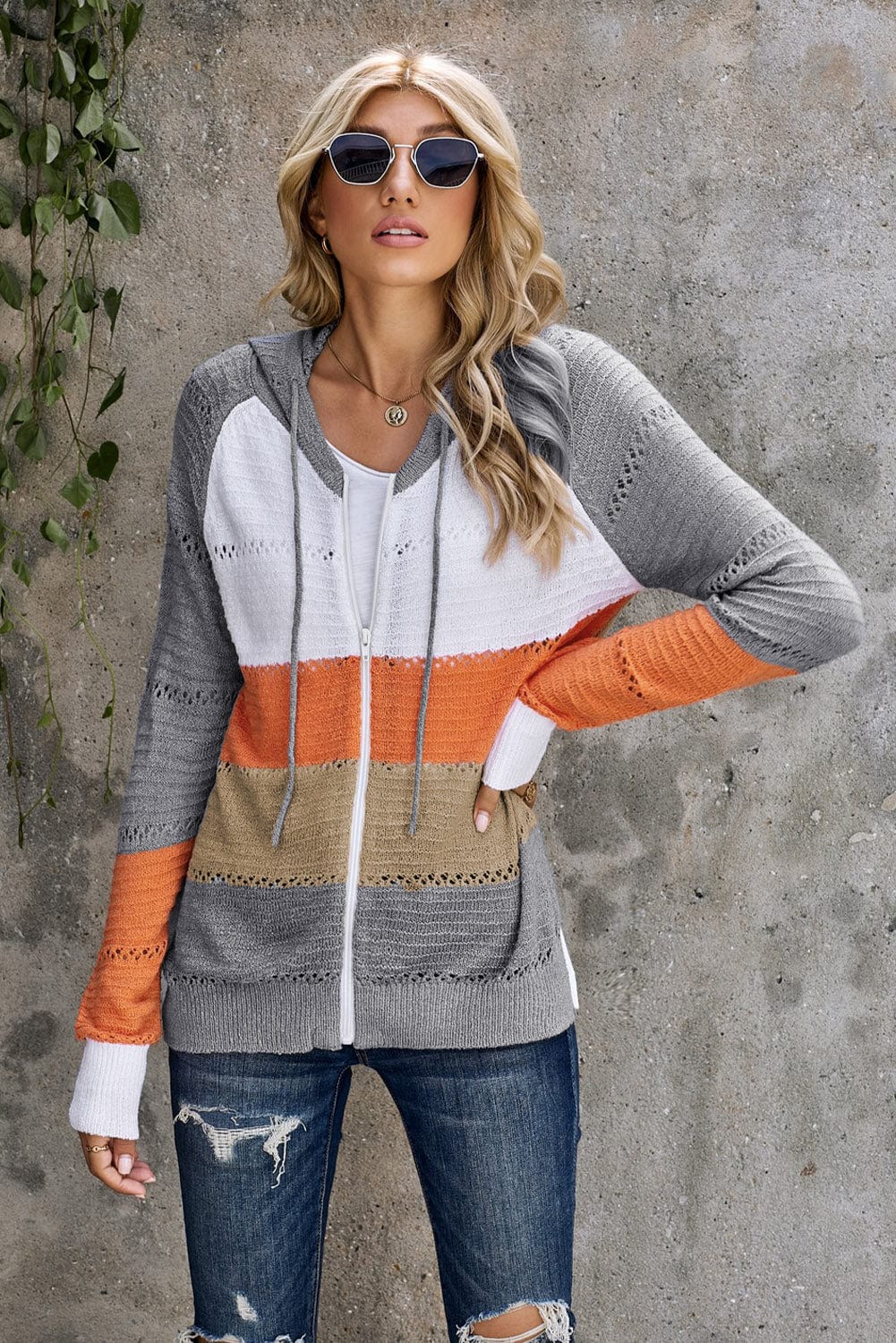 Trendsi Fall Zip-Up Raglan Sleeve Openwork Hooded Cardigan Zip-Up Raglan Sleeve Openwork Hooded Cardigan