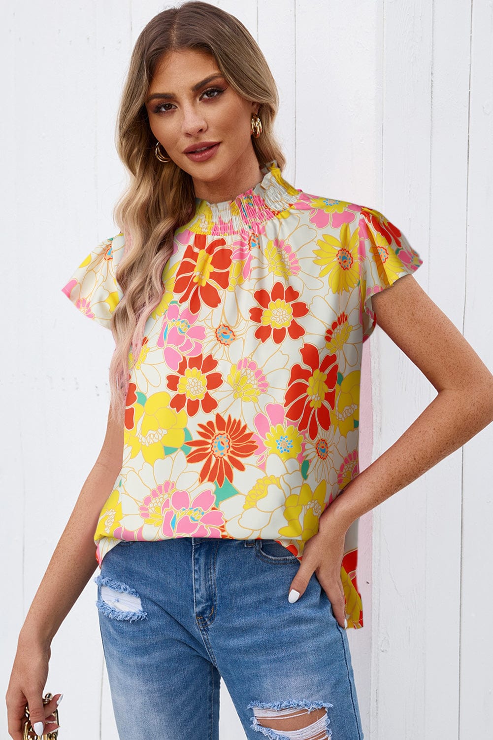 Trendsi Floral Frill Neck Smocked Flutter Sleeve Blouse Floral Frill Neck Smocked Flutter Sleeve Blouse