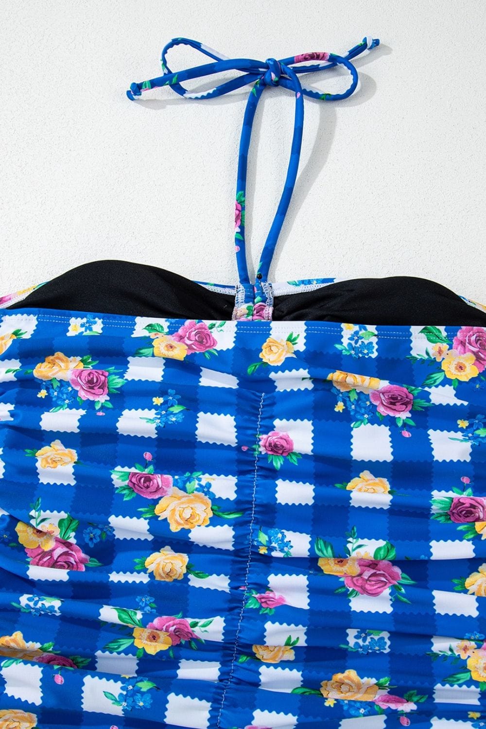 Trendsi Floral Gingham Halter Neck Drawstring One Piece Swimwear Floral Gingham Halter Neck Drawstring One Piece Swimwear
