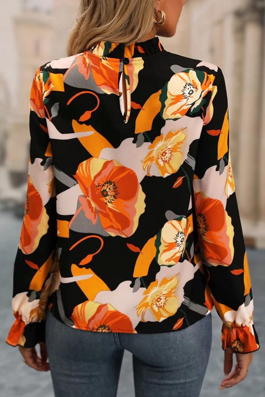 Trendsi Floral Mock Neck Flounce Sleeve Blouse Floral Mock Neck Flounce Sleeve Blouse