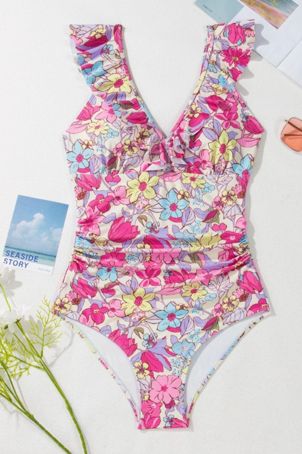 Trendsi Floral Ruffle Trim Tummy Control One Piece Swimsuit Floral Ruffle Trim Tummy Control One Piece Swimsuit