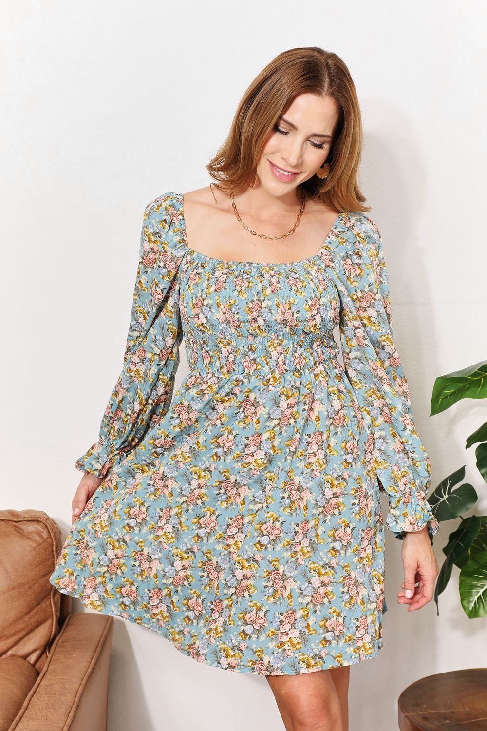 Trendsi Floral / S Floral Smocked Flounce Sleeve Square Neck Dress Floral Smocked Flounce Sleeve Square Neck Dress