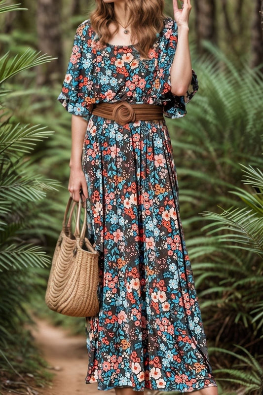 Trendsi Floral / S Tied Printed Round Neck Half Sleeve Dress Tied Printed Round Neck Half Sleeve Dress