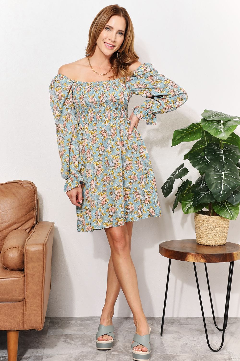 Trendsi Floral Smocked Flounce Sleeve Square Neck Dress Floral Smocked Flounce Sleeve Square Neck Dress