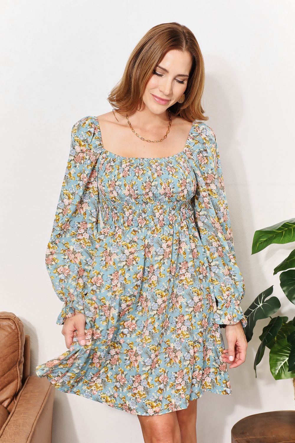 Trendsi Floral Smocked Flounce Sleeve Square Neck Dress Floral Smocked Flounce Sleeve Square Neck Dress