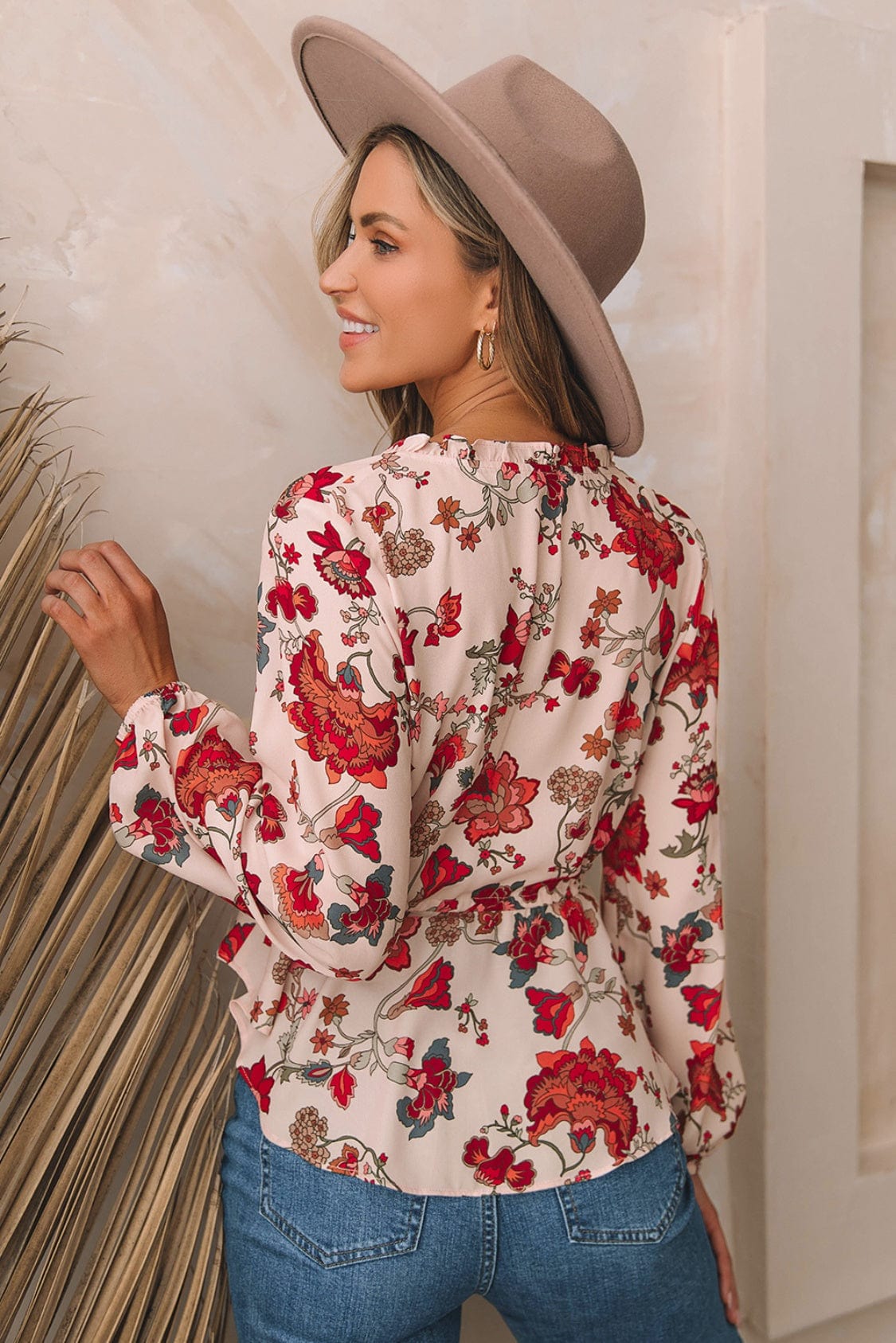 Trendsi Floral V-Neck Drawstring Peplum Blouse Floral V-Neck Drawstring Peplum Blouse