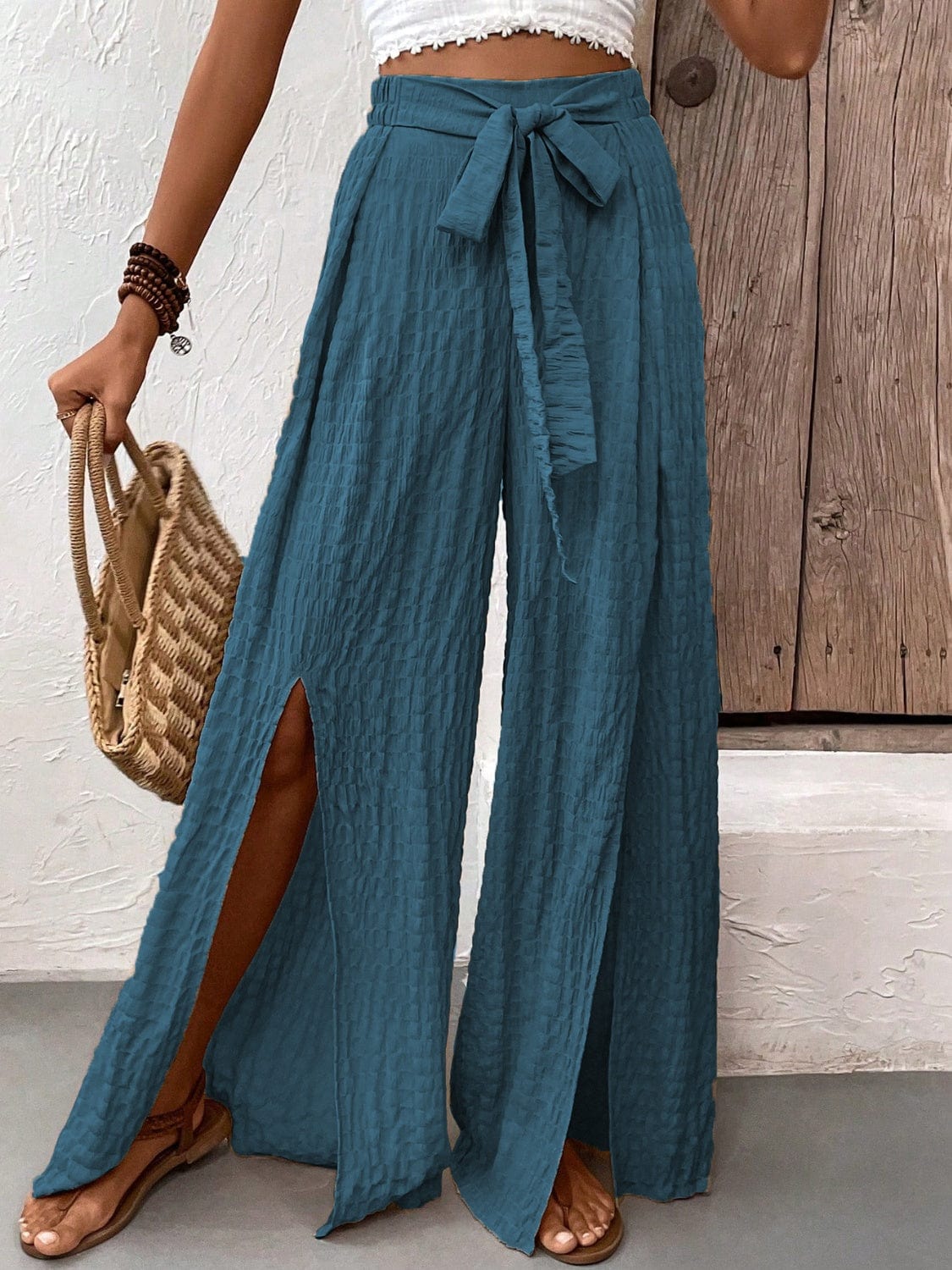 Trendsi French Blue / S Tied Slit Wide Leg Pants Tied Slit Wide Leg Pants