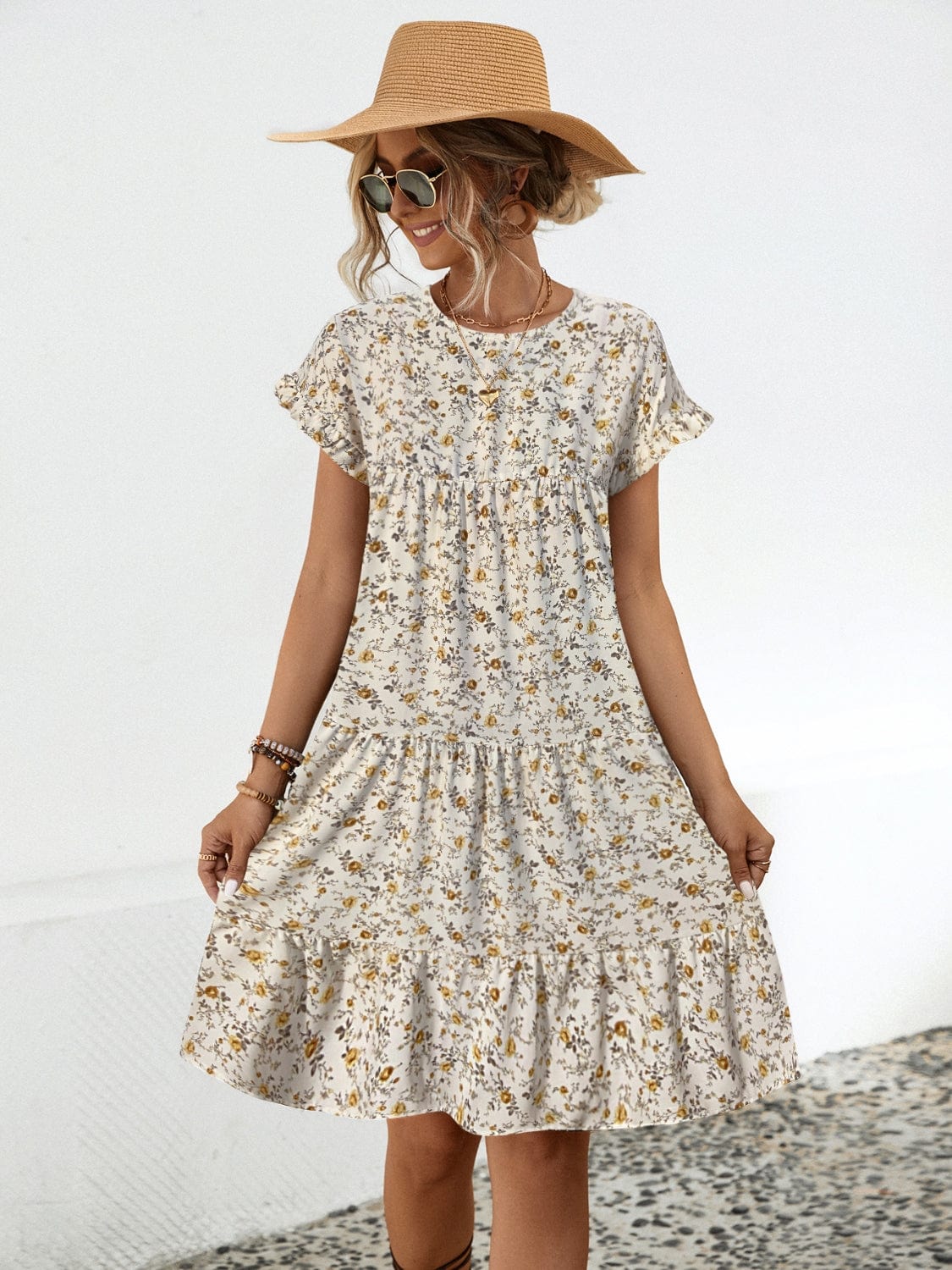 Trendsi Frill Floral Round Neck Short Sleeve Tiered Dress Frill Floral Round Neck Short Sleeve Tiered Dress