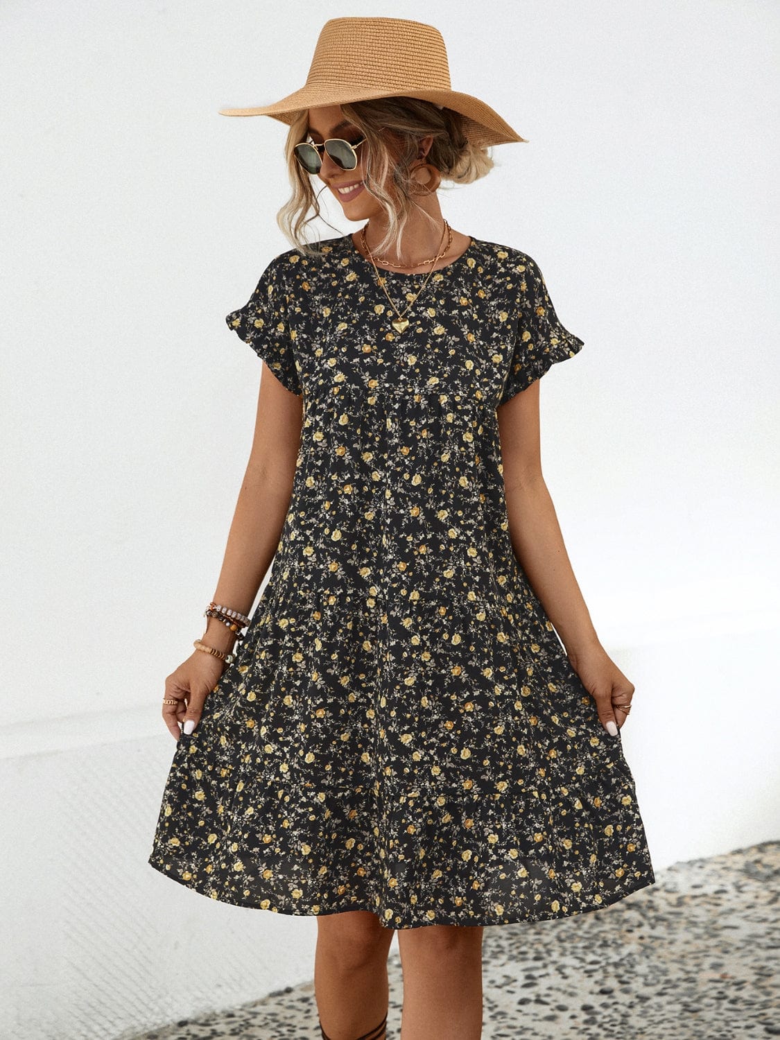 Trendsi Frill Floral Round Neck Short Sleeve Tiered Dress Frill Floral Round Neck Short Sleeve Tiered Dress
