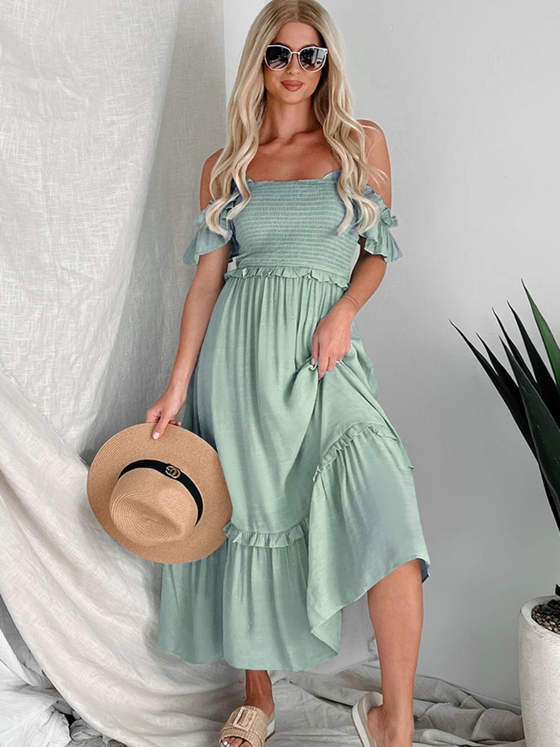 Trendsi Frill Smocked Off-Shoulder Ruffle Sleeve Dress Frill Smocked Off-Shoulder Ruffle Sleeve Dress