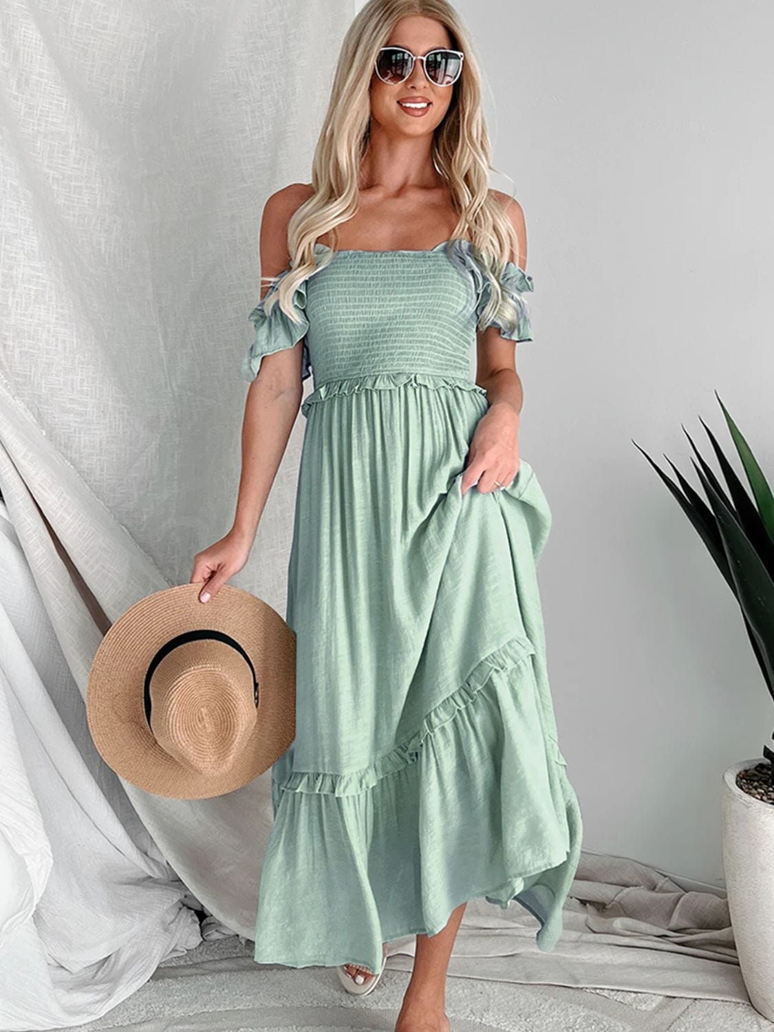 Trendsi Frill Smocked Off-Shoulder Ruffle Sleeve Dress Frill Smocked Off-Shoulder Ruffle Sleeve Dress