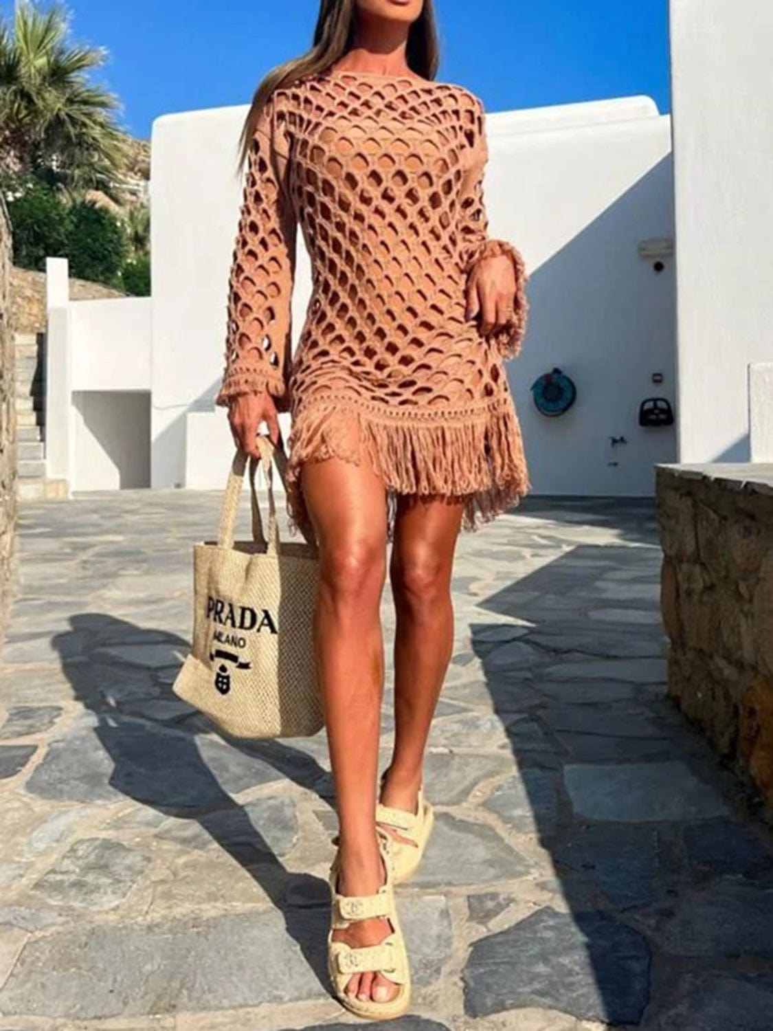 Trendsi Fringe Cutout Long Sleeve Cover Up Fringe Cutout Long Sleeve Cover Up