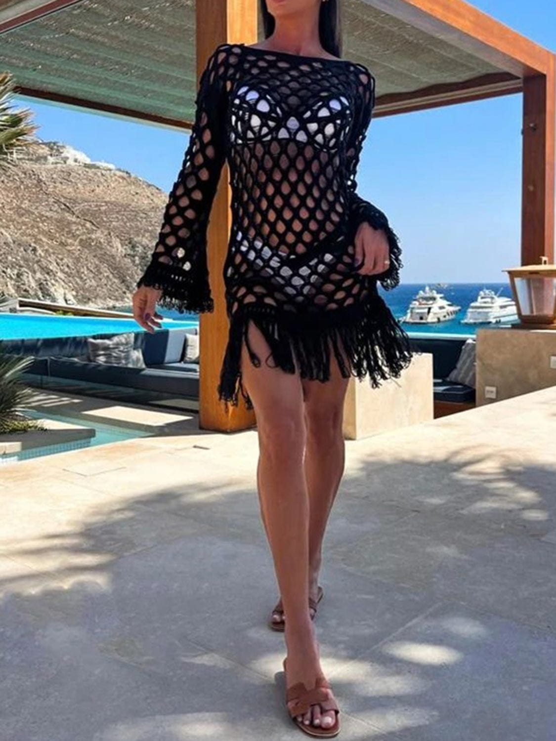 Trendsi Fringe Cutout Long Sleeve Cover Up Fringe Cutout Long Sleeve Cover Up